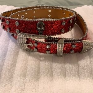 Mens Streetwear Red Belt with Rhinestones&Skulls. Adjusts up to 40” waist. New. 